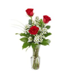send 3 red roses in a glass vase to dhaka, bangladesh