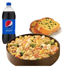 pizza inn penne pasta with garlic bread and pepsi